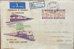 RHODESIA AND NYASALAND, 1962, PRIVATE FDC, RAILWAY, TRAIN, 2 STAMPED REGISTERED AIRMAIL COVER, KITWE IN DOUBLE RING CANC - Rhodesia & Nyasaland (1954-1963)