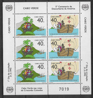 Cabo Verde Cap Vert 1992 Feuillet Découverte Christophe Colomb  ** Cape Verde America Discovery Columbus Sheetlet ** - Cap Vert