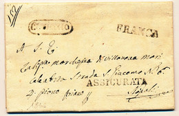 1836 REGNO DI NAPOLI PREFILATELICA ARIANO OVALE NERO + ASSICURATA+ FRANCA TUTTO IN NERO CON TESTO TASSA 6 X NAPOLI - 1. ...-1850 Prefilatelia