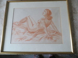 Tableau Beau Nu Féminin Dessin Sanguine Type Pastel Signé G LEFEL - Dessin 24/30cm - Avec Cadre 42/35 Cm - Dessins