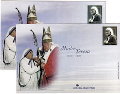 MOTHER TERESA-WITH POPE- SET OF 2 PREPAID POST CARD-ARGENTIAN- ERROR- COLOR VARIETY-MNH-SCARCE-BX4-12 - Madre Teresa