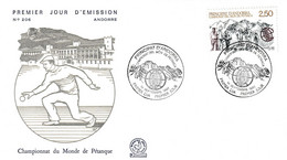 " CHAMPIONNAT DU MONDE DE PETANQUE " Sur Enveloppe 1er Jour D'Andorre De 1991 N° YT 407. Parfait état FDC - Bocce