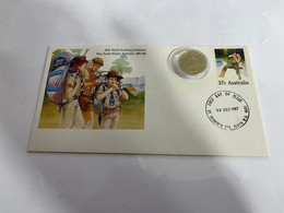 (3 Oø 25 A) SCOUT Jamboree Pre-Paid Envelope FDC 1987 + $ 1.00 Centenary Of SCOUTS Coin 2008 - Dollar