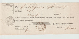 Württemberg XX002a / Wertbrief-Einlieferungsschein 1858 Mit Steigbügelstempel Ellwangen Schwarz  Sehr Sauberer Abschlag - Brieven En Documenten