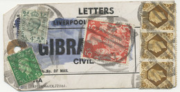 GB 1942 Very Rare And Fine Parcel Label From LIVERPOOL To GIBRALTAR W GVI 1/2d, 4d, 1sh (3x), 5sh, 10sh Ultramarine (5x) - Lettres & Documents