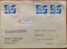 SWEDEN-1961 COVER USED TO BELGIUM, SAS SCANDINAVIAN AIRLINES SYSTEMS, AEROPLANE, MULTI 3 STAMP, TOMELILLA REGISTER & TO - Covers & Documents
