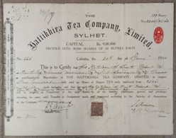 INDIA 1924 THE HATTIKHIRA TEA COMPANY LIMITED SYLHET, TEA GARDEN, TEA ESTATE....SHARE CERTIFICATE - Agriculture