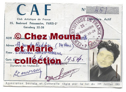 1954 CAF CLUB ARTISTIQUE DE FRANCE PARIS COUVREUR LUCETTE CARTE DE MEMBRE - Documenti Storici