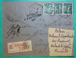 N°432 X3 IRIS RECOMMANDE MARSEILLE ST FERREOL TRIBUNAL PALAIS DE JUSTICE RETOUR ENVOYEUR 197 AUBAGNE 1940 COVER FRANCE - 1939-44 Iris