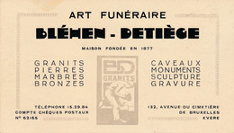 ADRES KAART - ART FUNERAIRE  BLEHEN - DETIEGE    AV.DU CIMETIERE  EVERE 13 X 7.50 CM - Evere