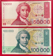 Beau Lot De 2 Billets De Croatie, 50 000 Et 100 000 Dinar. SUP - Croatie