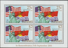 Kiribati 2002 Y&T 502 Et 503 En Bloc Surchargés SPECIMEN. 11 Septembre, Drapeaux Kiribati & USA. Statue De La Liberté - Timbres