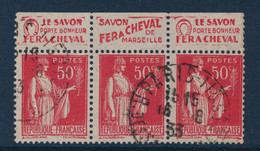 TYPE PAIX N° 283 En BANDE DE 3 TIMBRES OBLITÉRÉS ISSUS DE CARNET Avec BANDE PUB PUBLICITÉ SAVON FER À CHEVAL 1933 - Usados