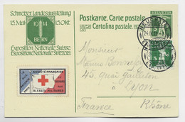 HELVETIA SUISSE ENTIER 5C CP +5C NEUCHATEL 24.IX 1913 POUR LYON FRANCE + VIGNETTE FRANCE CROIX ROUGE BLESSES MILITAIRES - Postmarks