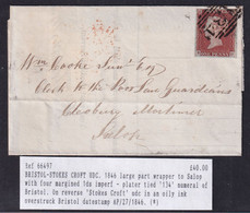 Victoria 1p Imperf 134 Cancel On 1846 Bristol Stokes Croft Wrapper To Salop - Lettres & Documents