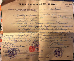Extrait Acte De Naissance 1915 Andre Frossard à Colombier Chatelot Doubs Resistant Ecrivain 1957 Timbre Fiscal - Historical Documents