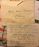 Autographe Sur CDV De L'essayiste Belge José Van Den Esch 1951 Pour André Frossard Ecrivain Académicien - Manuscripten