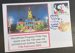 (2 Oø 39) Sydney World Pride 2023 - Sydney Town Hall In Rainbow Colours (Greece PRIDE Stamp + OZ Stamp) - Cartas & Documentos
