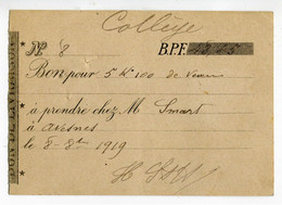Bon De Nécessité "Bon Pour 5K100 De Veau - Commune D'Avesnes - 8 Oct 1919" Avesnes-sur-Helpe - Monétaires / De Nécessité