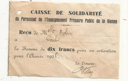 Reçu, CAISSE DE SOLIDARITE Du Personnel De L'enseignement Primaire Public De La Vienne ,1936 , Couhé , Vienne - Unclassified