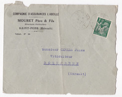 Enveloppe 1930 Mouret Père & Fils , Compagnie D’assurance L’Abeille à Saint Pons Herault - Lettres & Documents