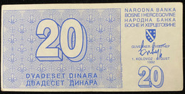 Bosnia, 20 Dinara 1992, Pick-22, XF - Bosnie-Herzegovine