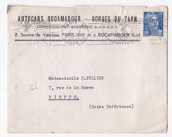 Enveloppe 1953, Autocars Rocamadour- Gorges Du Tarn , Pour Dieppe - Cartas & Documentos