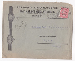 Enveloppe 1928, Fabrique D’horlogerie, Ets Calame – Gindrat – Vuille à Besançon Pour Agde - Brieven En Documenten