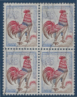 France Coq De Decaris FLUO N°1331d Bloc De 4 Oblitéré, Rare En Bloc De 4 !! Signé Calves - 1962-1965 Cock Of Decaris