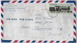 Canada 1984 Airmail Cover Sent From Sainte-Eulalie To Blumenau Brazil Stamp Locomotive 64 Cents - Storia Postale