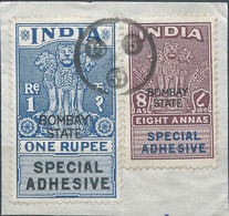 INDIA,INDIE Bombay State,Revenue Stamps TAX FISCAL.Special Adhesive,1 Rupee & 8 Annas,Obliterated On Paper - Autres & Non Classés
