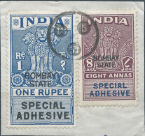 INDIA,INDIE Bombay State,Revenue Stamps TAX FISCAL.Special Adhesive,1 Rupee & 8 Annas,Obliterated On Paper - Andere & Zonder Classificatie