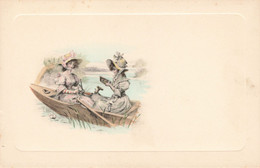 Couple - Carte Nuage - Femmes Sur Une Barque - Chapeau - Colorisé - Cadre Relief - Carte Postale Ancienne - Paare