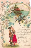 Couple - Couple Tyrolien - Multivue - Hirondelles - Colorisé - Relief - Fleur - Oblitéré 1905 - Carte Postale Ancienne - Paare