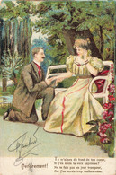 Couple - Homme Qui Fait La Court à Une Femme - Colorisé - Dorure - Relief - Poème - Tendrement - Carte Postale Ancienne - Paare