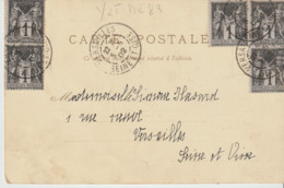 5 X Timbres (Type SAGE II ) 1 Ct Noir S / Azuré  (s/ Cpa  PARIS . Le Trocadéro.  Décor Art Nouveau Dos Non Divisé 1902) - Oblitérés