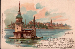! Alte Ansichtskarte Salut De Constantinople, Tour Leandre, Ed. Max Fruchtermann Nr. 234, Werbung Pan Cigaretten Berlin - Turquie