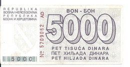 BOSNIE HERZEGOVINE  5000 DINARA 1992 VF P 27 - Bosnie-Herzegovine