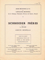 Tarif De 1962 (4 Pages) SCHROEDER FRERES à LIEGE - ARMES BROWNING & F.N. & CARTOUCHES BROWNING - Armes Neutralisées