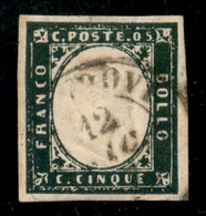 Antichi Stati Italiani - Sardegna - 1857 - 5 Cent (13Ab - Verde Mirto Scuro) Usato - Oliva + Diena + Cert. AG (1.400) - Other & Unclassified