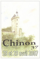 CP CHINON 37  - 45EME CONGRES PHILATELIQUE MAINE ANJOU TOURAINE 2007 - MENU - D'APRES AQUARELLE DE GENEVIEVE HUBERT - Bourses & Salons De Collections