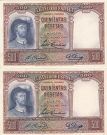 CRBS0676 2 BILLETES CORRELATIVOS ESPAÑA 500 PESETAS 1931 - 1000 Peseten