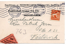 64106 - Schweden - 1923 - 25o. Loewe EF A NN-DrucksKte STOCKHOLM -> Vaestervik - Storia Postale