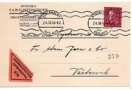 64118 - Schweden - 1938 - 35o. Gustav V EF A NN-Kte STOCKHOLM -> Vaestervik - Lettres & Documents