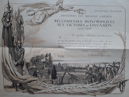 DIPLOME BREVET RECOMPENSES HONORIFIQUES AUX VICTIMES DE L INVASION  GUERRE 1914 1918  REGIONS LIBEREES - Frankrijk