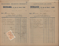 Factures Droguerie Produits Chimiques Richard Durand Timbre Fiscal Orange 1,2 Cours Pratique Commerce Paris Chapellerie - Lettres & Documents