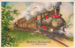 Fantaisies - Enfant à Bord D'un Train - Herzlichen Glückwunsch Zum Namenstage- Dorure - Carte Postale Ancienne - Bébés