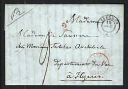 SUISSE Préphilatélie 1845: LAC De Yverdon (VD) à Hyères (Var, France) Du 10.12 Taxée 9 Avec CAD Rouge De Ferney, Remb. 2 - ...-1845 Préphilatélie