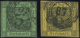 BADEN 6IV,7I O, 1853/4, 3 Kr. Schwarz Auf Grün Und 6 Kr. Schwarz Auf Gelb, 2 Werte Mit Plattenfehlern, Feinst, Mi. 300.- - Other & Unclassified