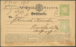 BAYERN 22Ya BRIEF, 1874, 1 Kr. Hellgrün, Wz. Weite Rauten, Als Zusatzfrankatur Auf 1 Kr. Ganzsachenkarte, Segmentstempel - Other & Unclassified